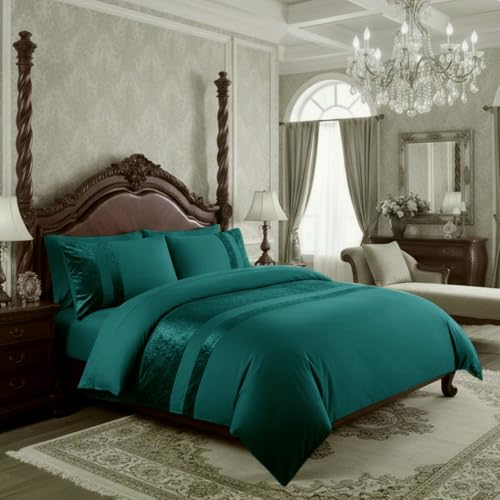 Casabella Luxury Crushed Velvet Panel Band Duvet Cover Sets with Pillow Case Super King Duvet Cover Bedding Set – Color Jade Crush Velvet Super King Duvet Cover Sets