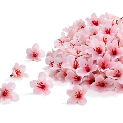 SITUMEIZI 100Pcs 1.6In Mini Artificial Pink Cherry Blossom Flowers Head - Fake Rose Heads for Wedding, Birthday, Cake, Graduation Cap, DIY Flower Wall, Mother's Day Party Decorations