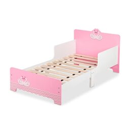 Relaxdays Children's Bed, Toddler Cot, with fall-out protection, HxWxD 60 x 77 x 143 cm, Slatted Frame, Swan, White/Pink
