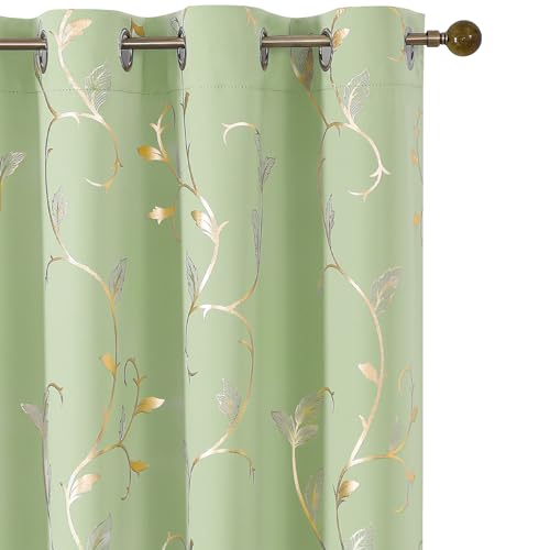 BUHUA Blackout Curtains Gold Foil Print Flower Vine Grommet Drapes, Room Darkening Thermal Insulated Curtains, Noise Reducing Curtain for Bedroom, Grass Green, 52Wx63L, 2 Panels