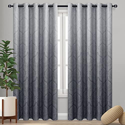 DWCN Ombre Blackout Curtains for Bedroom - Damask Patterned Thermal Insulated Energy Saving Grommet Curtains for Living Room, Set of 2 Gradient Window Curtain Panels, 60 x 84 Inch Length, Grey