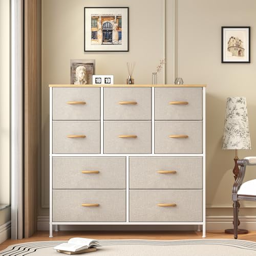 Feonase Chest of Drawers,Bedroom Tall Dresser with 10 Fabric Drawers, Metal Frame & MDF Wood Top, Adjustable Feet, Storage Organizer Unit for Bedroom, Closet, Living Room, Office Hallway, Khaki