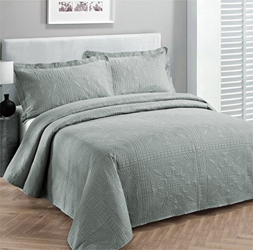(Full/Queen, Grey) - Fancy Collection 3pc Luxury Bedspread Coverlet Embossed Bed Cover Solid Grey New Over Size 250cm x 270cm Full/queen