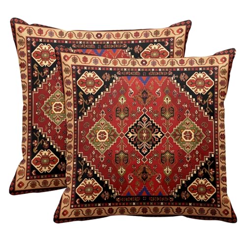 Britimes Throw Pillow Covers, Aztec Home Art Decor, 18 x 18 Inches Set of 2 Cushion Couch Sofa Cases, Paisley Floral Painting Pillowcases for Bedroom, Living Room, Red Geometric Tribal Decorative