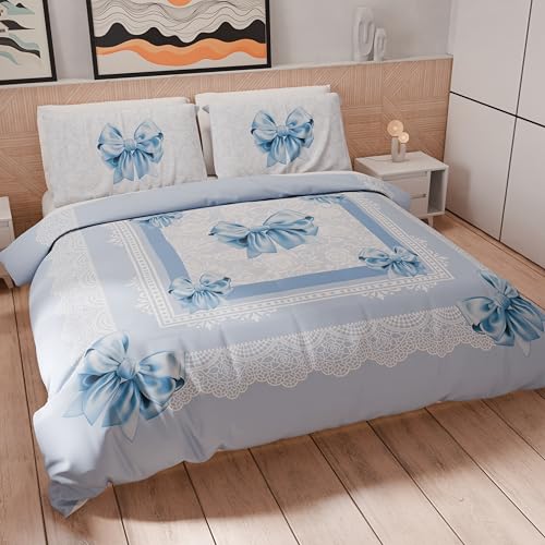 PETTI Artigiani Italiani - Double Duvet Cover Set 200 x 200 cm (2 Pillowcases 80 x 80 cm Included), Microfibre Duvet Cover Set with Digital Print Light Blue Bow - Made in Italy
