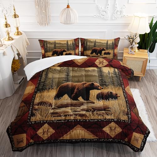 XYNHML Rustic Bear Wild Hunt Animal Comforter 3Pcs Full Natural Forest Wildlife Brown Bear Bedding Set for Kid Teen Boy Girl Adult Retro Mountain Lake Quilt Decor with 1 Comforter and 2 Pillowcases