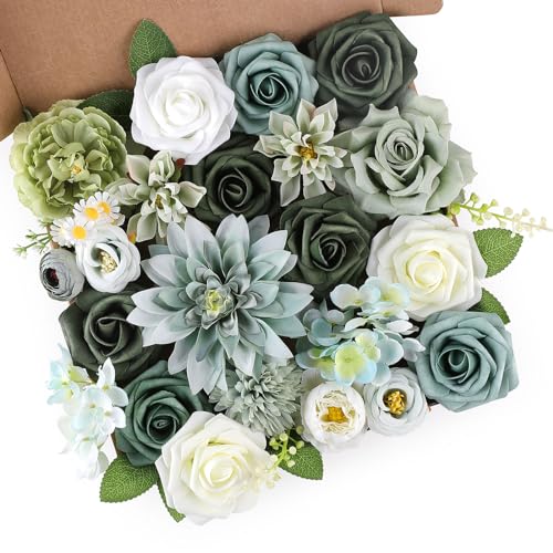 AGIRL Artificial Flowers Combo Silk Mix Green Fake Flower with Stems for DIY Wedding Bouquets Centerpieces Arrangements Table Chair Decor Baby Shower Home Decor (Sage Green)