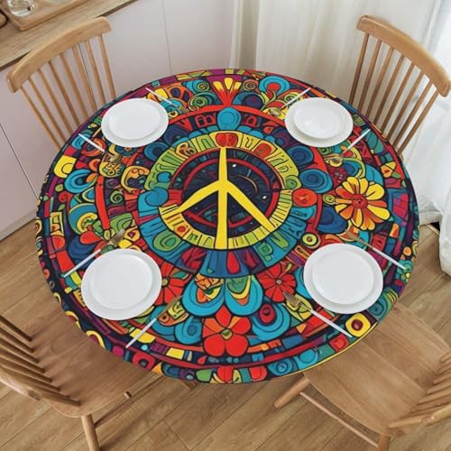 "BOXIMIAO Hippies Peace Freedom Flower Round Tablecloth with Elastic Edge Table Cover Waterproof Reusable Table Cloth for Holiday Kitchen Party Patio,M(45""-50"")"