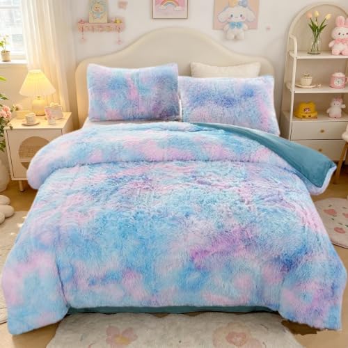 SUCSES Tie Dyed Duvet Cover Set Twin Size, Plush Shaggy Soft Velvet Fuzzy Bedding Set with 2 Pillow Shams, Blue