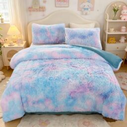 SUCSES Tie Dyed Duvet Cover Set Twin Size, Plush Shaggy Soft Velvet Fuzzy Bedding Set with 2 Pillow Shams, Blue