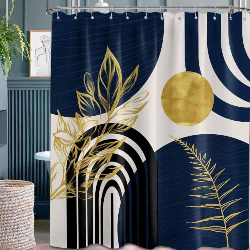 QGHOT Boho Mid Century Modern Shower Curtain Navy Blue Shower Curtains for Mens Bathroom Decor Bohemian Dark Blue and Gold Leaves MCM Bath Curtain Set, Waterproof Fabric with Hooks 72x84 inch