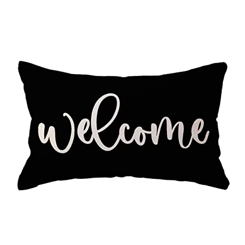 ULOVE LOVE YOURSELF Welcome Lumbar Throw Pillow Covers Farmhouse Rustic Decorative Rectangular/Waist Pillowcases 12 x 20 Inch Front Porch Decor Cushion Covers Housewarming Gifts(Black)