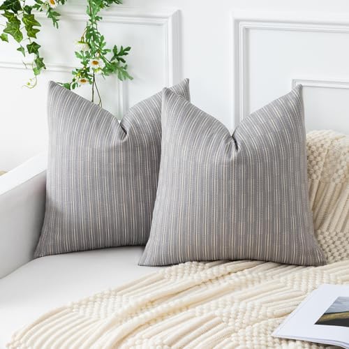 Kevin Textile Pack of 2 Farmhouse Throw Pillow Covers Boho Woven Texture Linen Striped Decorative Pillow Cases for Couch Bed and Chair, Grey 18 x 18 inches 45 x 45 cm