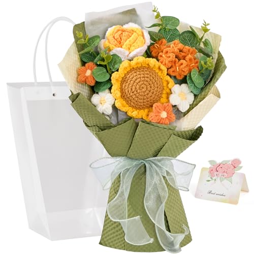 Alecono Crochet Flower Bouquet Green Handmade Knitted Sunflower Floral - Forever Artificial Flowers with Gift Card for Homecoming, Valentine's Day, Mother's Day, Graduation, Birthday Gifts
