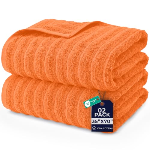 DAN RIVER Pack of 2 Bath Sheet 35x70 Inches, Soft Ribbed Fluffy Bath Sheets Towels for Adults, Quick Dry Shower Towels - Orange