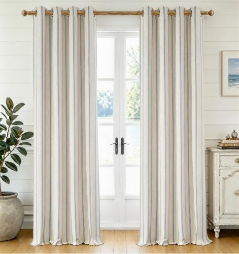 DriftAway Farmhouse Stripe Blackout Curtains, W52xL120, Navy Blue - Blackout, Linen Texture, Stripe Pattern, Rod Pocket & Back Tab, Two Layers, Bedroom Living Room Use, Sound Reducing Design