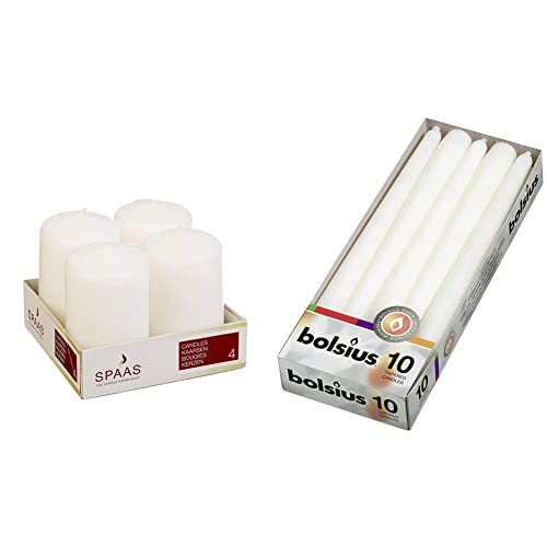Spaas Unscented Pillar Candle 50/80 mm, 18 Hours, White & Bolsius Tapered Dinner Candles, White Box, Pack of 10,3.9x9.8x25.2 cm