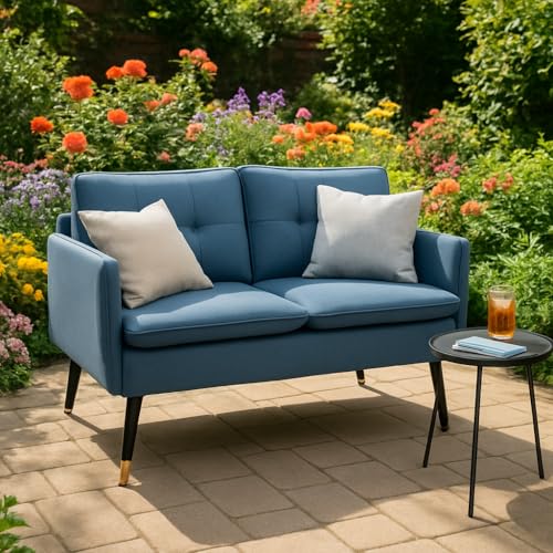 FurnitureR Modern Blue Loveseat, Comfortable Upholstered Seating, Sleek Design Fabric, Ideal for Patio Lounge with Sturdy Metal Legs, Stylish Home Addition