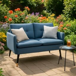 FurnitureR Modern Blue Loveseat, Comfortable Upholstered Seating, Sleek Design Fabric, Ideal for Patio Lounge with Sturdy Metal Legs, Stylish Home Addition