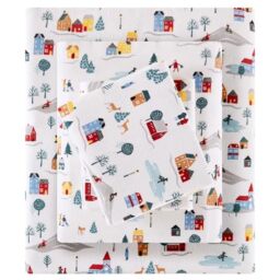 SLEEP PHILOSOPHY True North 100% Cotton Flannel Sheet Set, Brushed for Softness, 4 Piece Bedding Set, Novelty Print, Warm, White Village Print