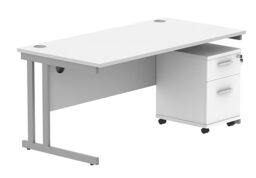 Office Hippo Heavy Duty Contract Grade Office Desk Workstation and Lockable 2-Drawer Pedestal Set, 120kg Weight Tolerance, 5-Year Warranty, FSC Certified, White, Silver Legs, 1600 x 800mm