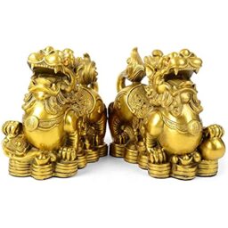 "CCYMLOA Feng Shui pixiu Brass Statue A Pair pi yao Sculpture Home Decor Golden Decoration Figurine Attract Money and Good Luck (3.2"" L x 1.6"" W x 2.8"" H)"