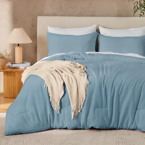 "Andency Grayish Blue Comforter Set Super King Plus Fluffy Bedding 3 Pieces - 3 Pieces Soft Solid Super King Plus Bedding Comforter Sets, Extra Large Warm Comforters Bedding Set 128""x120"""