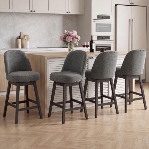 Bar Stools Set of 4, 360° Swivel Counter Stools with Upholstered Seat, Wooden Frame & Nailhead Trim, Kitchen Breakfast Bar Chairs with Backrest for Kitchen Island, Dining Room, Home Bar,Dark Grey