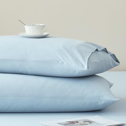 JELLYMONI Pillowcases King Set of 2 Washed Cotton Envelope Pillow Covers Linen-Like Texture, Mist Blue 20??36in Bed Pillow Cases Soft Breathable (Pillows are not Included)