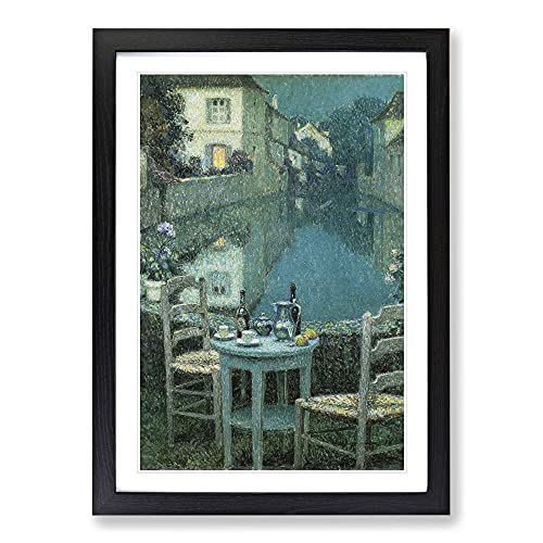 Small Table in Evening Dusk by Henri Le Sidaner Framed Print - A2 Black Framed Wall Art - Ready to Hang - Modern Nature Picture - Living Room Bedroom Lounge Office