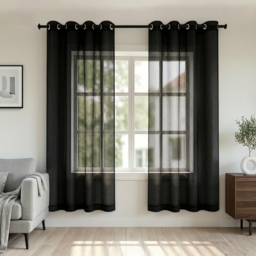 KOUFALL Black Curtains 72 Inch Length 2 Panel Sets for Living Room Grommet Solid Black Sheer Curtains for Bedroom 52x72 Inches Long