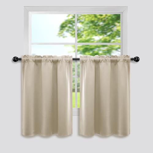 Mrs.Naturall Biscotti Beige Blackout Short Curtains for Small Windows 34x30 Inch Length