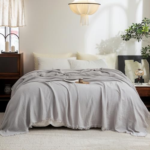 "FOSSA 4 Layer Throw Blanket with Tassels, 100% Washed Cotton Feel Super Breathable Cozy Muslin Blanket for Room Couch Offices (Grayish, Queen (90"" ?? 90""))"
