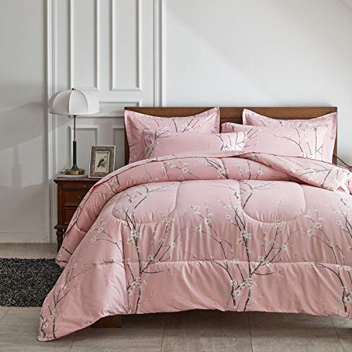 AIKASY Bed in a Bag 7 Pieces Queen Size - Floral Print - Soft Microfiber, Reversible Bed Comforter Set (1 Comforter, 2 Pillow Shams, 1 Flat Sheet, 1 Fitted Sheet, 2 Pillowcases)???Pink???