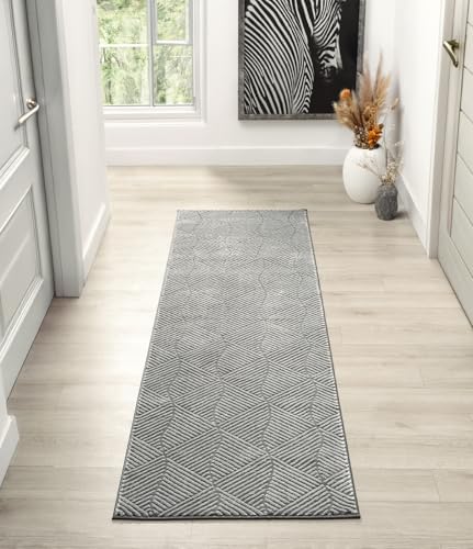 Rugs by Desire Vellure Modern Indoor Living Room Area Rug Embossed Cut-Shrink Pile with Metallic Sheen Jute Backing Living Room - Bedroom Hallway Carpet Pyramid Anthracite 60x220 cm