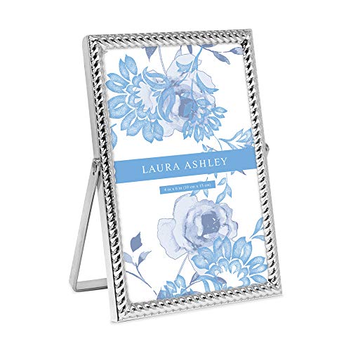 Laura Ashley 4x6 Silver Rope Metal Picture Frame (Vertical) with Pull-Out Easel Stand, Made for Tabletop, Counterspace, Shelf and Desk
