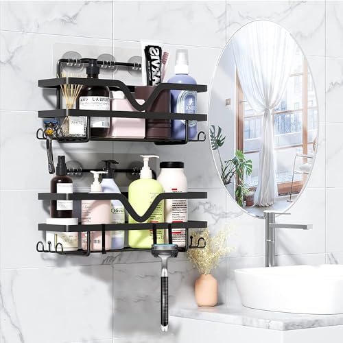 ASelected 2 Pack - Shower Caddy, Bathroom Shelf Organiser No Drilling, Adhesive Shower Storage Rack for Bathroom/Kitchen with Razor Holder,Durable Stainless Steel Shower Rack with 4 Hooks, Black
