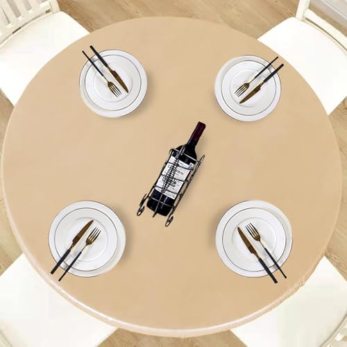 LUSHVIDA Round Waterproof Table Cover Elastic Tablecloth Vinyl Fitted Table Cover Elastic Edged Plastic Table Cloth (Champagne, Best for Up to 45-56 Inch Round)