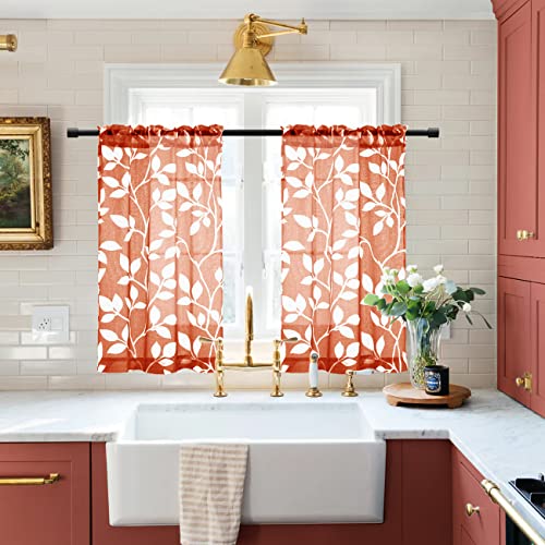 Rod Pocket Leaf Print Short Curtains for Kitchen???25 Wide by 36 Inches Long???Burnt Orange