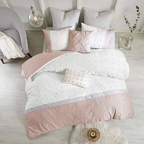 Urban Habitat Duvet Set 100% Cotton Jacquard, Tufts Accent, Shabby Chic All Season Cover for Comforter, Matching Shams, Decorative Pillows, Full/Queen (88 in x 92 in), Blush/Ivory 7 Piece