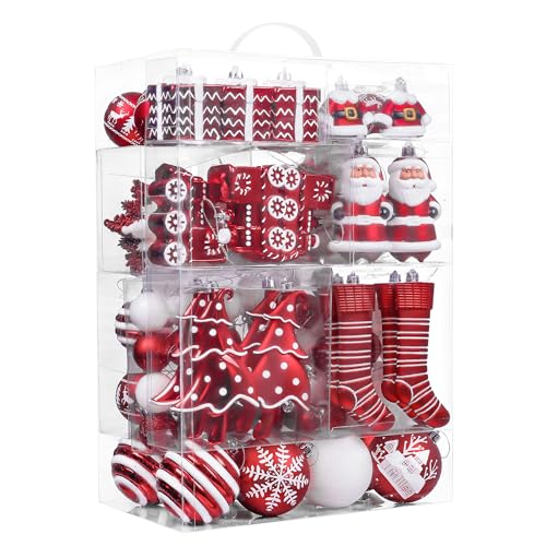Valery Madelyn Christmas Tree Ornaments Set, 155ct Red and White Shatterproof Christmas Tree Decorations Bulk, Traditional Hanging Ball Ornaments for Xmas Trees Holiday Party Decor