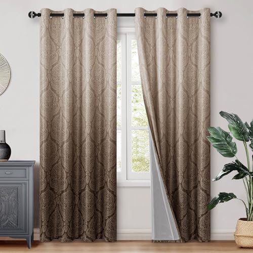 DWCN 100% Blackout Curtains for Bedroom 102 Inch Long - Damask Patterned Ombre Thermal Insulated Energy Saving Grommet Drapes for Living Room, Gradient Window Curtain 2 Panels, 52 x 102 Length, Brown