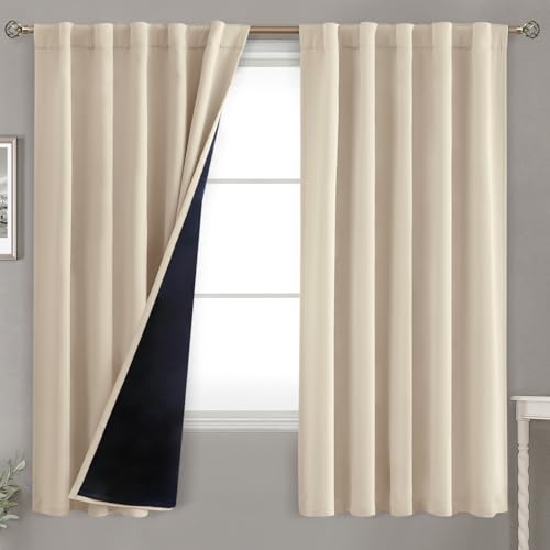 BGment Champagne 100% Blackout Curtains with Thermal Insulation Liner???63 Inch Curtains 2 Panel Set Double Layer Light Blocking Rod Pocket and Back Tab Window Curtain for Bedroom(42 x 63 Inch)