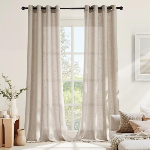 NICETOWN Living Room Curtains, Modern Linen Curtain with Eyelets, Bedroom, Set of 2, H 220 x W 140 cm, Lamb Brown, Semi-Transparent Linen Look Curtains for Living Room/Bedroom