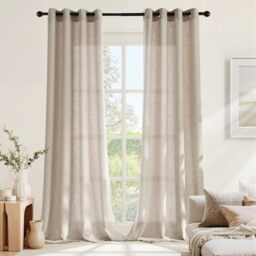 NICETOWN Living Room Curtains, Modern Linen Curtain with Eyelets, Bedroom, Set of 2, H 220 x W 140 cm, Lamb Brown, Semi-Transparent Linen Look Curtains for Living Room/Bedroom