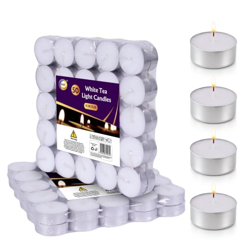 DID White Tea Light Candles, 4 Hour Burn Time Small Unscented Candles for Home Decor, Weddings, Parties, Events, Dinner Tables, Birthdays, Celebrations and Decorative Occasions (Pack of 50)