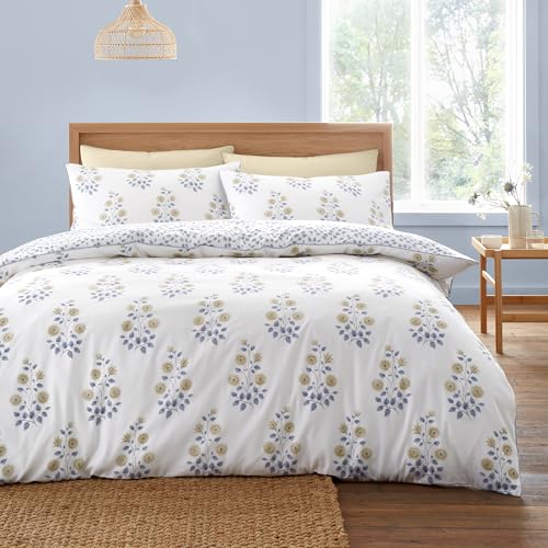 Bianca Eloise Floral 230 Thread Count Cotton Satin Stripe Reversible King Duvet Cover Set with Pillowcases White Blue