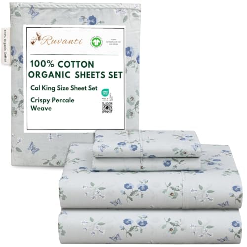 Ruvanti 100% Cotton Organic Percale Sheets Cal King Size ??? Crisp Cooling Bed Sheets for Hot Sleepers, Deep Pocket 13???, Soft Peach Finish, Breathable & Durable Hotel-Style 4 Pcs, Butter Flight