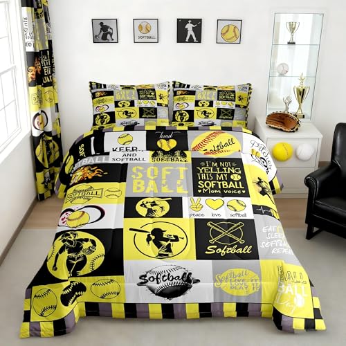Castle Fairy Softball Comforter Set Queen Size Sports Grid Bedding Set for Kids Boys Girls Bedroom Decoration Yellow Black Gray Bed Duvet Insert Ocean Comforter with 2 Pillowcase