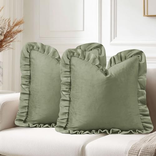 JIUZHEN Velvet Soild Throw Pillow Covers, Decorative Throw Pillow Covers for Couch Sofa Livingroom Car???16x16 Inch, Set of 2 with Ruffles Bean Green